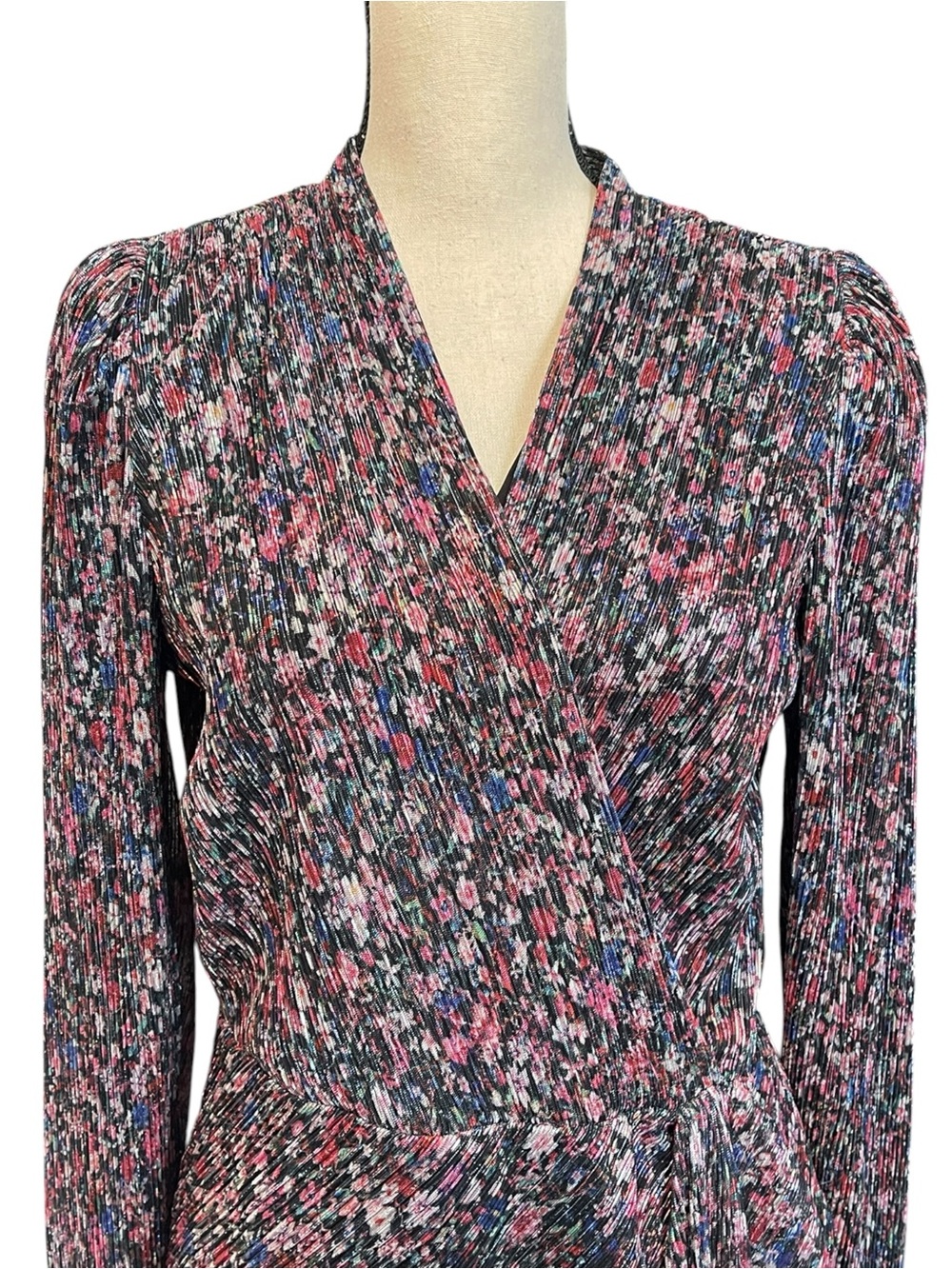 Saylor Bernadette draped faux wrap floral metallic‎ long sleeve cocktail dress L - Picture 11 of 15